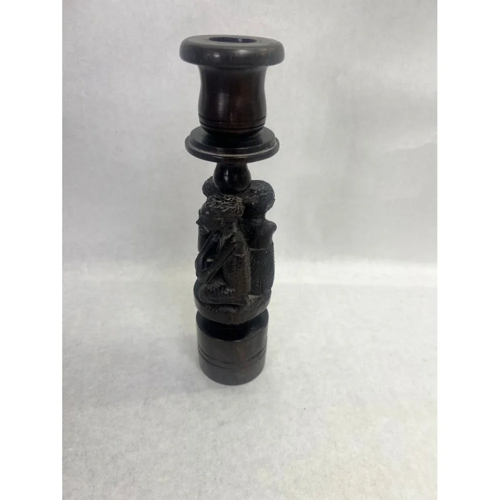 Hand Carved African Ebony Wood Candlestick Holder Tribal Figures Dark Wood 11in